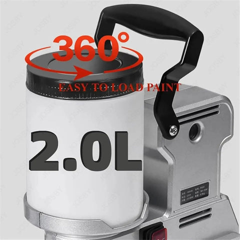 Heavy Duty 1600W Airless Paint Sprayer With Two Liter Tank And Five Meter Hose Three Adjustable Speeds High Pressure Electric Spray Gun close-up of 2L paint container.