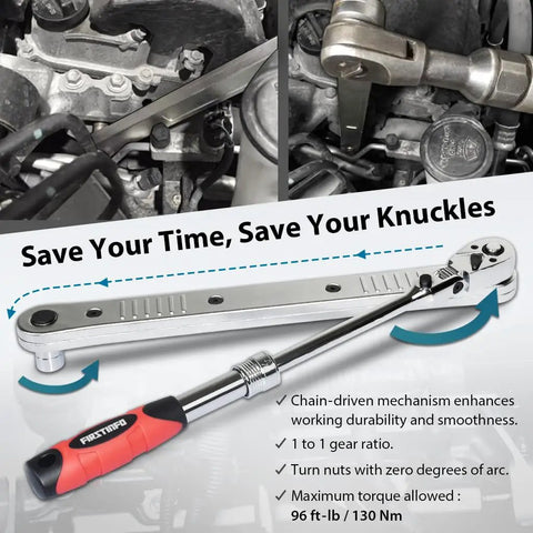 Offset Extension Wrench And Low Profile Socket Set For Hard To Reach Fasteners Pro Grade Lightweight Aluminum Extension Bar shown with vehicle engine.