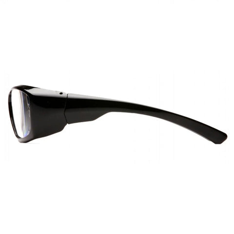 Side view of Emerge Full Reader Safety Glasses With 2.0X Reading Magnification Black Frame Clear Lenses Dual Lens Eye Protection