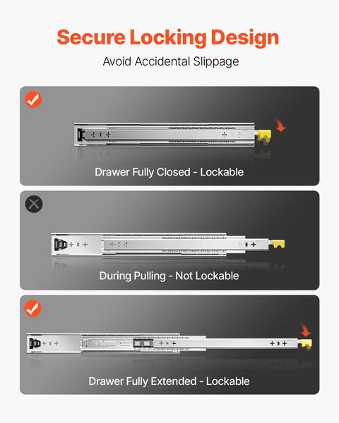 Image showing Beefy Heavy Duty 24 Inch Drawer Slides Pair With Locking 250 Lb Capacity Side Mount Ball Bearing Full Extension 3 Fold Rails in closed, pulled, and extended positions, highlighting the secure locking design.