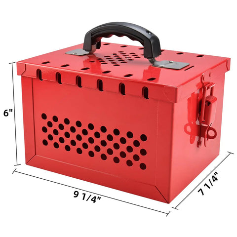 Heavy Duty Lockout Tagout Box for Group Lockout, 12 Padlock Capacity, Industrial Grade Steel, Red Portable LOTO Lock Box