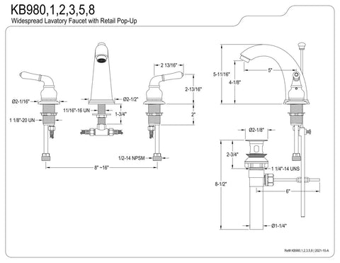 Diagram showing dimensions of KB985 Magellan II Widespread Lavatory Faucet With Brass Pop Up In Oil Rubbed Bronze, Built To Last.