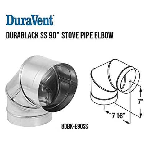 8 Inch Diameter Stainless Steel Single Wall Wood Burning Stove Elbow Connector 90 Degree Vent Pipe For Smoke And Exhaust Easy Install Durable Silver Finish For Safe Home Heating product with diagram and measurements.