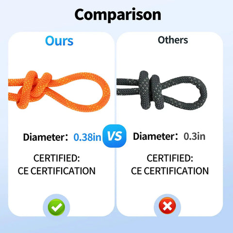 Comparison of 200 Feet 3/8 Inch Orange Arborist Climbing Rope Heavy Duty Nylon Utility Cord against a black rope.
