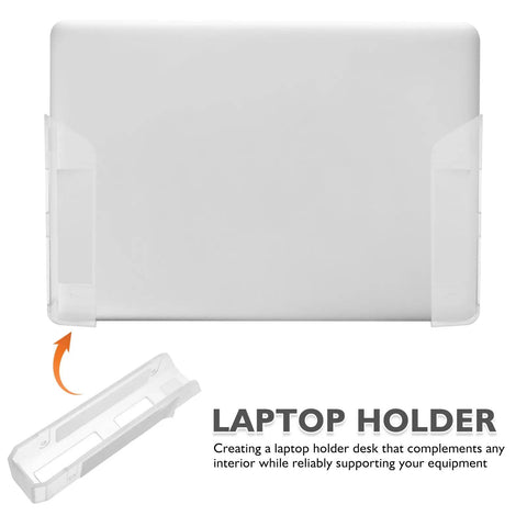 Top Shelf Under Desk Laptop Mount Clear Acrylic Wall Bracket For Universal Tablets And Keyboards Adjustable Mount, shown from a side angle.
