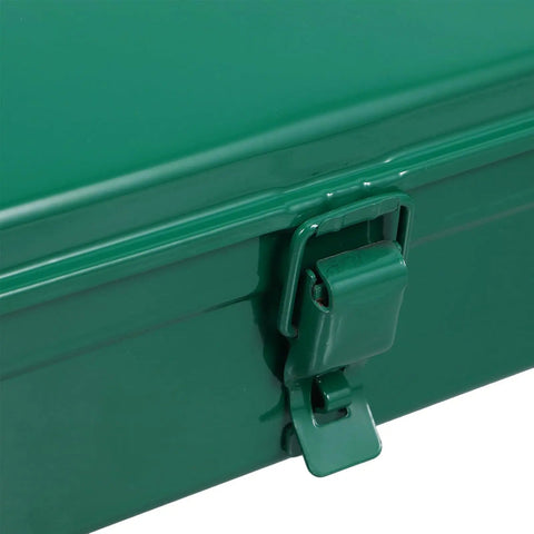 Close-up of secure latch on Big Boy Green Metal Toolbox with Rugged Carry Handle and Secure Latch Perfect for Garage Organization and Truck Bed Runs Features Plenty of Room to Sort Out Hammer Screwdriver Pliers Drill and More Making Home Repairs and Auto Fixes a Breeze.