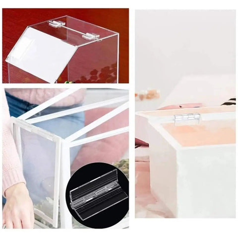 Two Pack Clear Plastic Folding Hinge for Doors and Cabinets, Transparent Acrylic Door Hinges, shown on furniture and boxes