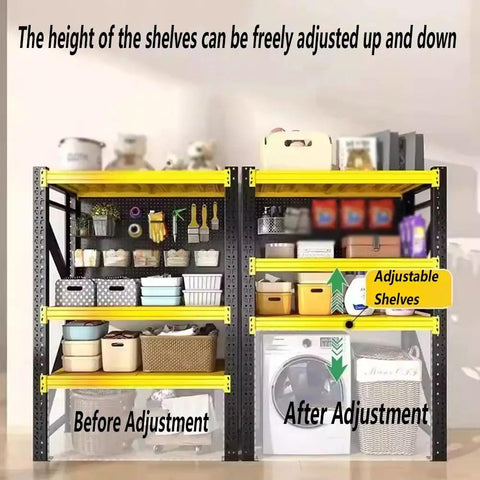 Heavy Duty Industrial Shelving Unit Tough As Nails Four Tier Garage Storage Rack With Premium Powder Coated Cold Rolled Steel Finish For Warehouse Workshop Project Massive Storage Rack with adjustable shelves showing before and after.