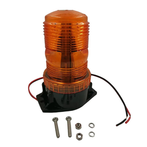 Heavy Duty LED Amber Strobe Beacon Light Straight Bolt On Replacement For Genie Lift Models, showing side view with screws and wires.
