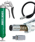 LockNLube heavy-duty pistol grip grease gun kit, 4-piece, green body with 20in hose and coupler