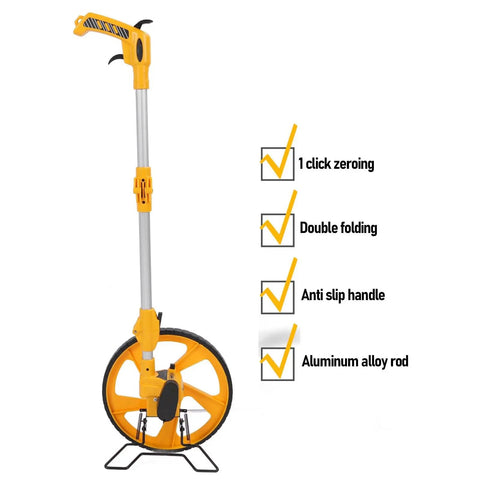 Glomora Measuring Wheel Double Folding Accurate 0-9999.9m Portable Distance Measuring Wheel for Work Projects, showing features like anti-slip handle.