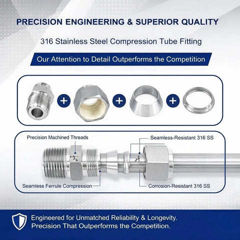 VALVENTO 2-pack 316 stainless steel compression fittings; 1/2" OD to 1/2" NPT male straight adapters with ferrules