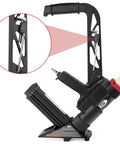 Two In One Pneumatic Flooring Nailer And Stapler For Hardwood And Engineered Floors With Fifteen And A Half Gauge Staples And Sixteen Gauge L Cleats From One And A Half To Two Inches Interchangeable Plates Reach Handle And Rubber Mallet Included showing reach handle detail