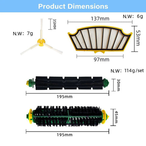 Fresh Replacement Kit For iRobot Roomba 500 Series dimensions image showing filters, brushes, and rollers for cleaning.
