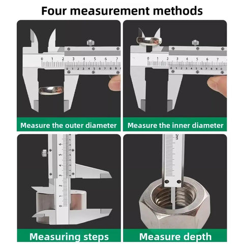 Pro Grade Stainless Steel Vernier Caliper 0-150mm measuring diameters, steps, and depth on metal hardware.