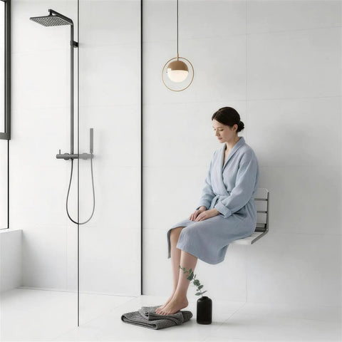 Person sitting on 16 Inch Foldable Shower Seat Wall Mounted For Adults With 400 Lb Max Load Easy Drop Down Design Heavy Duty Waterproof Wood And Stainless Steel Build No Fuss Fits Small Inside Shower Spaces White in a modern bathroom.