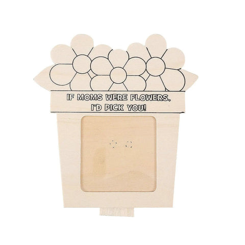 Front view of paintable wooden picture frame kit for kids bulk 12 pack with easel backs, floral pot design, unfinished wood.