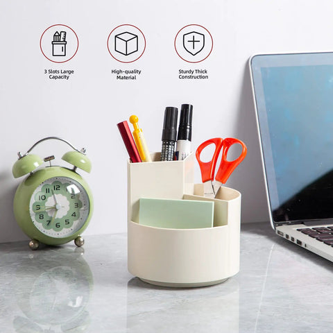 360 Degree Rotating Pen Holder With Three Slots, Desk Organizer For Pens Pencils Markers Rulers And Small Art Supplies on desk