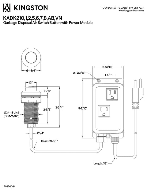 Diagram of Low Profile Antique Brass Garbage Disposal Air Switch Kit With Dual Outlet Power Module, installation dimensions included.