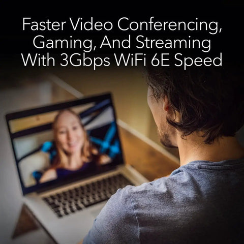 Person video conferencing on laptop using WiFi 6E USB Adapter For PC AXE3000 3Gbps Tri Band Wireless With 6GHz Band Ready Dongle