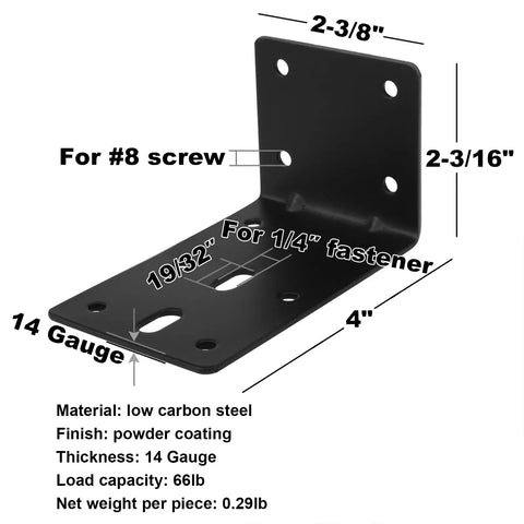 Ten Pack Heavy Duty Four Inch L Brackets Workhorse Steel Corner Braces For Shelf Install And Furniture Fix Slot Bolt Ready Powder Coated Matte Black, showing dimensions and mounting details.