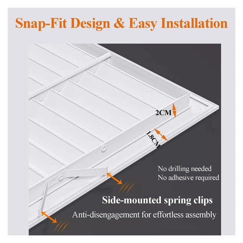 Close-up view of No Sweat Removable Aluminum Air Vent Grille Paired With A Slick Louvered Access Panel showing snap-fit design and side-mounted spring clips.
