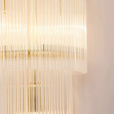 Luxe Copper Crystal Wall Sconce With Vintage Glass Rod Accent For Bedroom Entryway And Living Room Featuring Quick Install Kit, clear glass rods close-up.