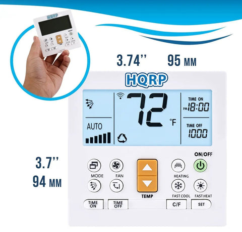 Slick Universal AC Remote Control For Window And Mini Split Units Features Big LCD Display Digital Timer Function Super Easy Pairing, hand holding remote.