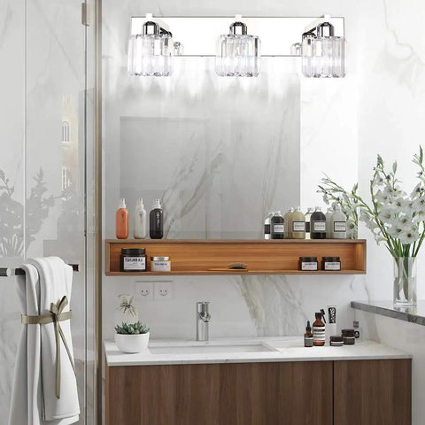 Crystal Vanity Light Fixture For Bathroom Modern Wall Mount Over Mirror Three Light Bar With Dimmable Function in a chic bathroom setting