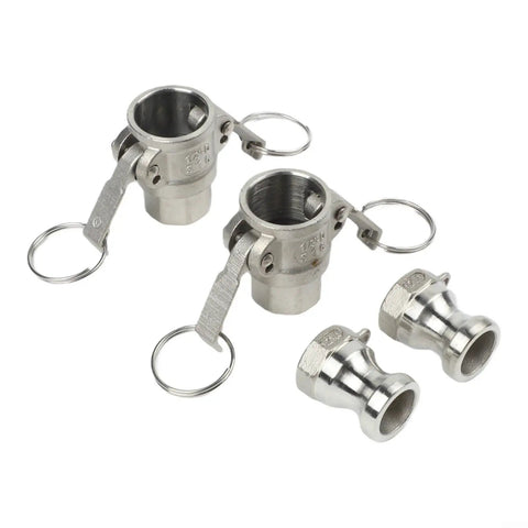 Beefy Aluminum Cam Lock Fitting Quick Connect 1 Inch NPT Male One Half Inch Port Hose And Pipe Adapter For Industrial Fluid Transfer, Fast Tool-Free Setup And Rugged, Reliable Connection, shown with aluminum cam lock couplers and plugs