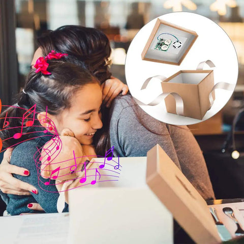 Slick DIY Light Activated Sound Module With Type C Usb Recordable Chip And 8Mb Memory Speaker Programmable Voice Player Box inside gift box with musical notes and smiling child.