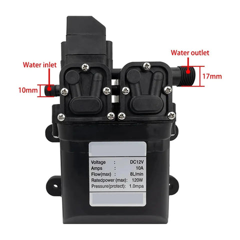 Automatic Electric Diaphragm Water Pressure Pump 8L Min 12V 120W with water inlet and outlet details.