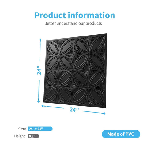 Black PVC Drop Ceiling Tile 2x2 Ft With Glue Up 3D Wall Panel Look, 24x24 In, shown with dimensions and material.