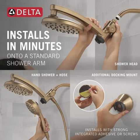 Real Deal 3 In 1 Rainfall And Handheld Shower Head With 360 Pivot Body And High Pressure Pro Clean Spray For A Total Bath Game Changer Upgrade In Polished Champagne Bronze showing installation steps.