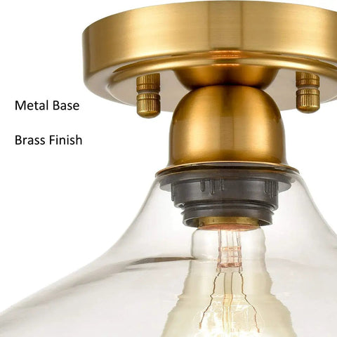 Modern Glass Semi Flush Mount Ceiling Light In Brass Finish With Handblown Glass Shade for Hallway Bedroom Bathroom and Kitchen