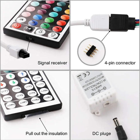 44 Keys IR Remote Controller Kit With Wireless Rectifier Control Box And 12V 3A Power Supply, details of connectors and remote.