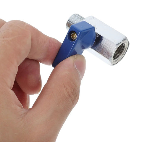 Heavy Duty Brass Pneumatic Mini Ball Valve Shut Off With Npt 1/4 Inch Threads For Smooth Garden And Home Plumbing Pipe Control No Sweat Install Durability, blue lever handle in hand.