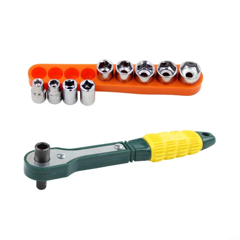 Snag This Solid Mini Ratchet Wrench Set With 1/4 Inch Drive And Nine Proven Metric Sockets From 5mm To 13mm Ideal For Quick Auto Repairs And Lazy Sunday Fixes Crafted From Tough Heat Treated Alloy, featuring a compact design with ratchet handle and assorted metric sockets.
