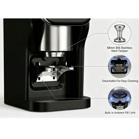 Robust 58 Mm Electric Coffee Tamper providing spot on ten to thirty kilogram pressure and adjusted timing sequences for bullseye shots, showing stainless steel design.