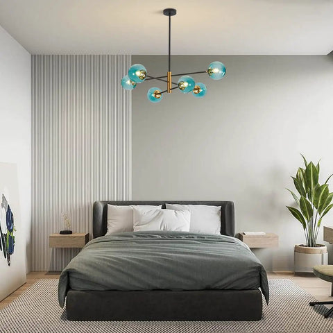 Six Light Blue Glass Ball Sputnik Chandelier Modern Mid Century Black And Gold Flush Mount Vintage Large Globe Pendant Light