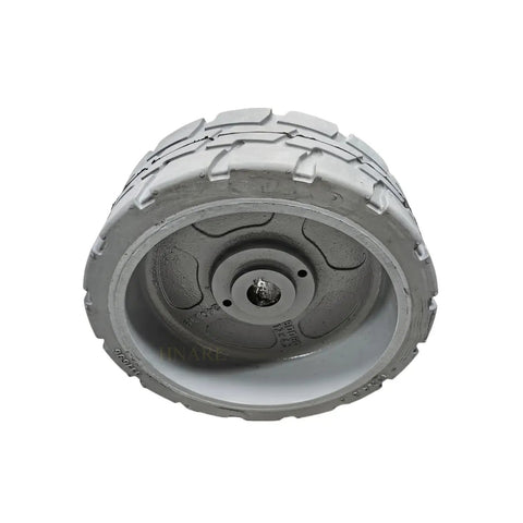 Heavy Duty Solid Tire Wheel Assembly 12x4.5 Non Marking Rubber Fits Genie GS1530 GS1532 GS1930 GS1932 Scissor Lift Parts 105122GT 105122 Heavy Hitter No Sweat Smooth Rolling Black Replacement viewed from the side.