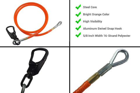 Half Inch Flip Line For Tree Climbing 8 Feet USA Made Aluminum Swivel, details on steel core, snap hook, 16-strand polyester