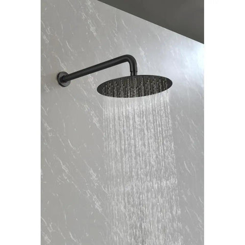 Shower System, 10" Rain Head, Handheld, Matte Black, Wall-Mounted with rainfall water flow against a wall.