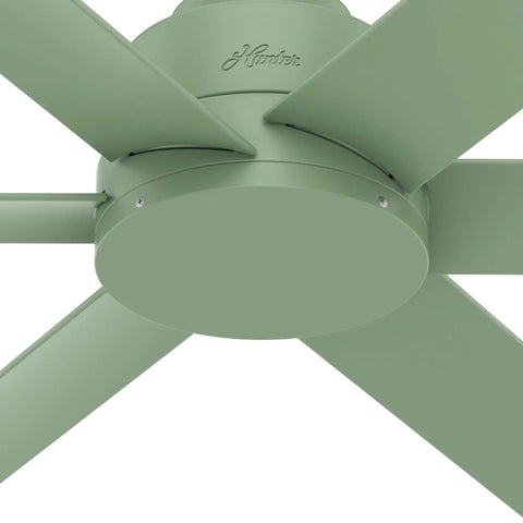 Close-up of Kennicott 44 Inch Indoor Outdoor Ceiling Fan with Wall Control, dusty green blades, showing fan motor housing detail.