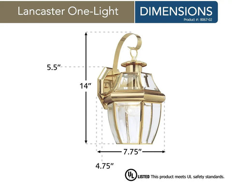 Lancaster Traditional One Light Outdoor Wall Lantern in Polished Brass Finish with dimensions, 14H x 7.75W, weather resistant