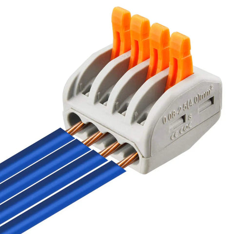 Fifty Pack Four Conductor Quick Grip Lever Wire Nuts For No Sweat Electrical Splicing 28 To 12 AWG with orange levers and blue wires.