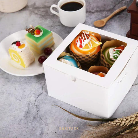 Snag This Fresh Stack Of Twenty Five White Bakery Boxes With Clear Display Window Slick Six By Six By Four Inch Pastry Cases For Small Cakes Cupcakes Donuts And Sweet Treats Packing with colorful desserts.