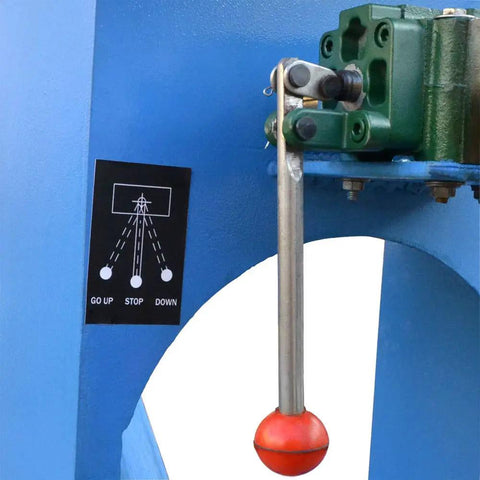 Shop Ready 150 Ton Hydraulic Press Brake Bender control panel with lever and directional signs for operation.