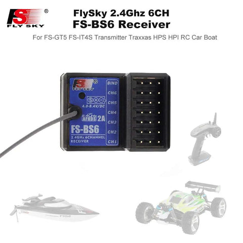 BS6 2.4GHz 6CH RC Receiver with gyro stability, ultra-compact design displayed with RC car and boat, compatible with FlySky TX