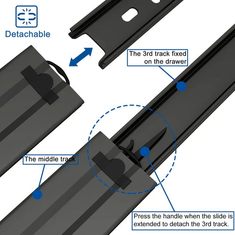 Diagram showing detachable 14 Inch Drawer Slide VA1245 Black Beefy Ball Bearing Full Extension 3 Folds Side Mount Heavy Duty 100 Lb Capacity